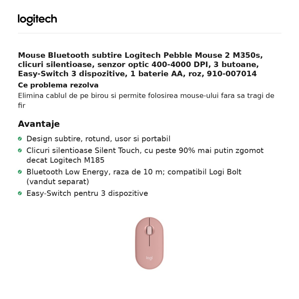 Mouse Bluetooth subtire Logitech Pebble Mouse 2 M350s, clicuri silentioase, senzor optic 400-4000 DPI, 3 butoane, Easy-Switch 3 dispozitive, 1 baterie AA, roz, 910-007014 [2]