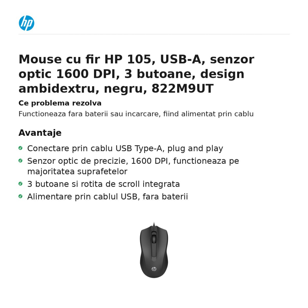 Mouse cu fir HP 105, USB-A, senzor optic 1600 DPI, 3 butoane, design ambidextru, negru, 822M9UT [2]