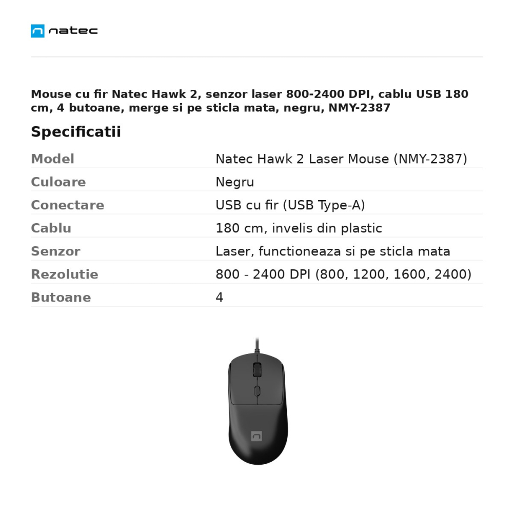 Mouse cu fir Natec Hawk 2, senzor laser 800-2400 DPI, cablu USB 180 cm, 4 butoane, merge si pe sticla mata, negru, NMY-2387 [3]