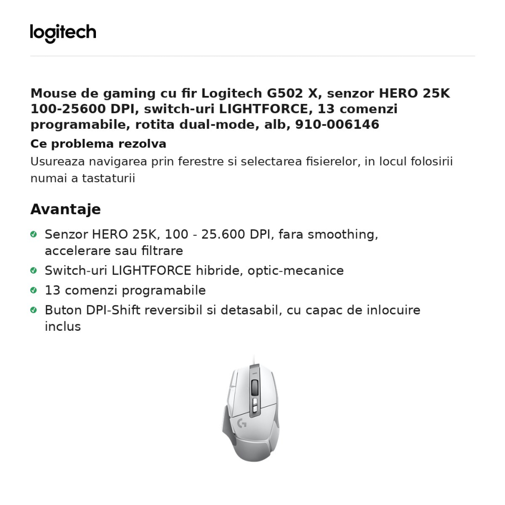 Mouse de gaming cu fir Logitech G502 X, senzor HERO 25K 100-25600 DPI, switch-uri LIGHTFORCE, 13 comenzi programabile, rotita dual-mode, alb, 910-006146 [2]