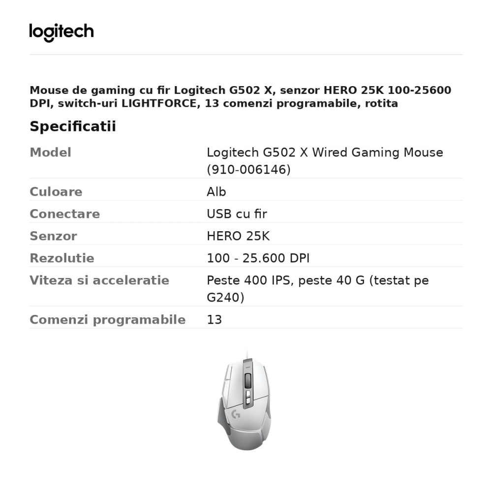 Mouse de gaming cu fir Logitech G502 X, senzor HERO 25K 100-25600 DPI, switch-uri LIGHTFORCE, 13 comenzi programabile, rotita dual-mode, alb, 910-006146 [3]