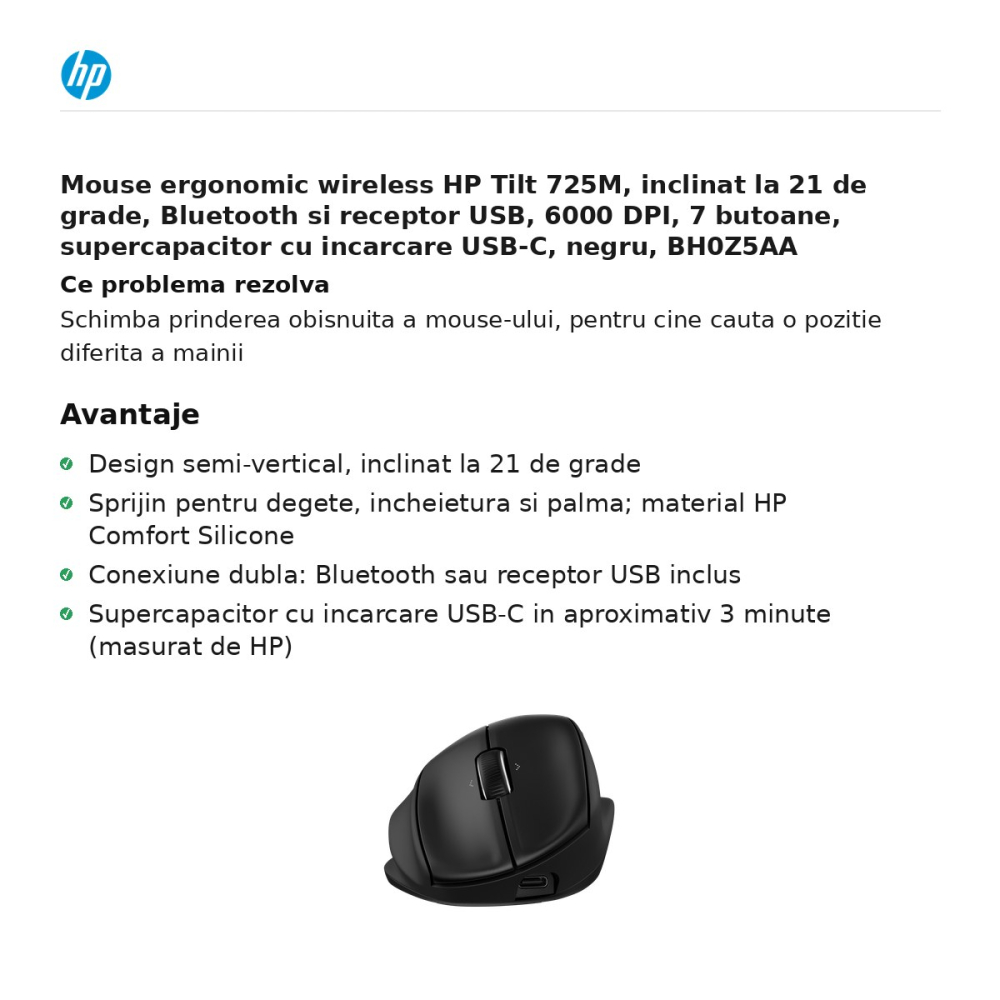 Mouse ergonomic wireless HP Tilt 725M, inclinat la 21 de grade, Bluetooth si receptor USB, 6000 DPI, 7 butoane, supercapacitor cu incarcare USB-C, negru, BH0Z5AA [2]