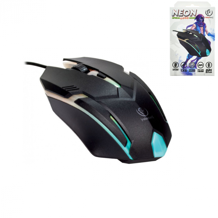 Mouse Gaming Rebeltec NEON cu senzor optic si iluminare LED, DPI ajustabil 800/1200/1600, 4 butoane, cablu 1.8m, dimensiuni 120 x 70 x 35mm [2]