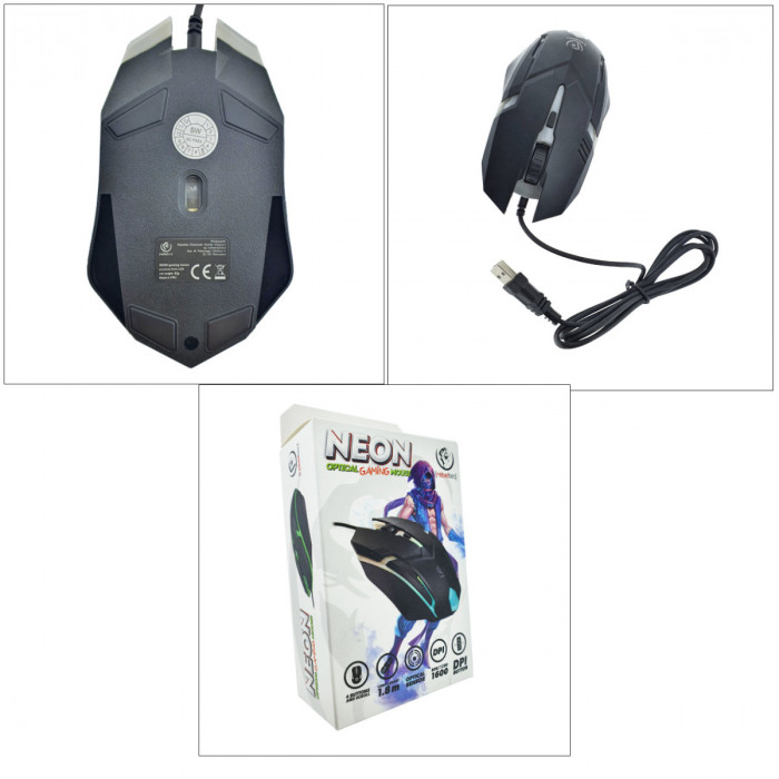 Mouse Gaming Rebeltec NEON cu senzor optic si iluminare LED, DPI ajustabil 800/1200/1600, 4 butoane, cablu 1.8m, dimensiuni 120 x 70 x 35mm [5]