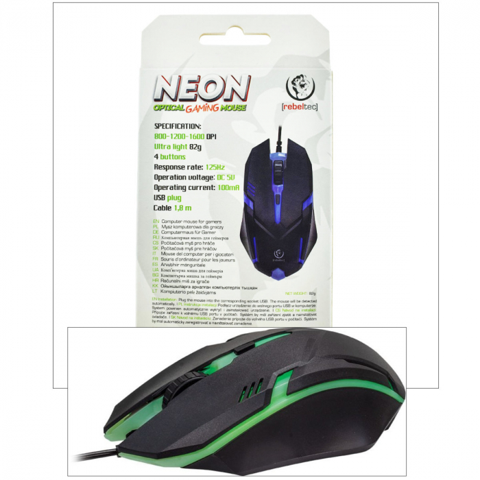 Mouse Gaming Rebeltec NEON cu senzor optic si iluminare LED, DPI ajustabil 800/1200/1600, 4 butoane, cablu 1.8m, dimensiuni 120 x 70 x 35mm [6]