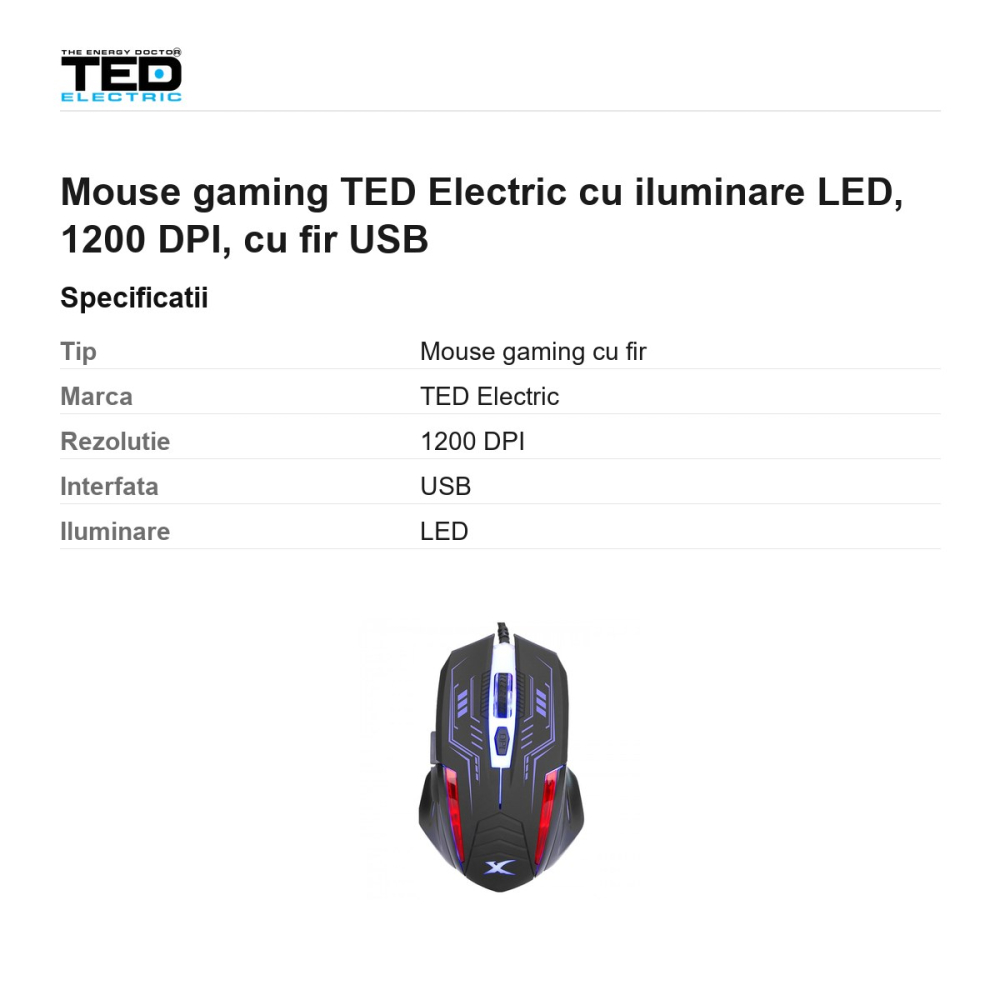 Mouse gaming TED Electric cu iluminare LED, 1200 DPI, cu fir USB [3]