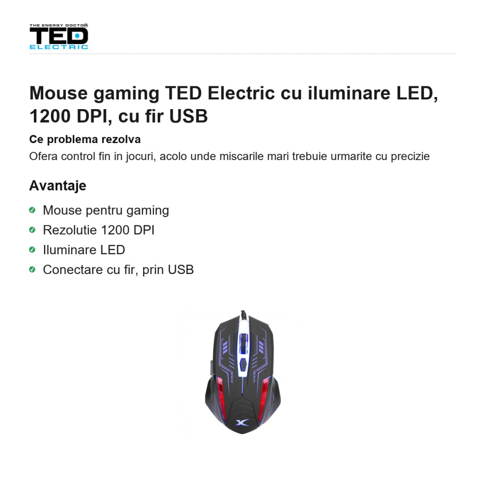 Mouse gaming TED Electric cu iluminare LED, 1200 DPI, cu fir USB [2]
