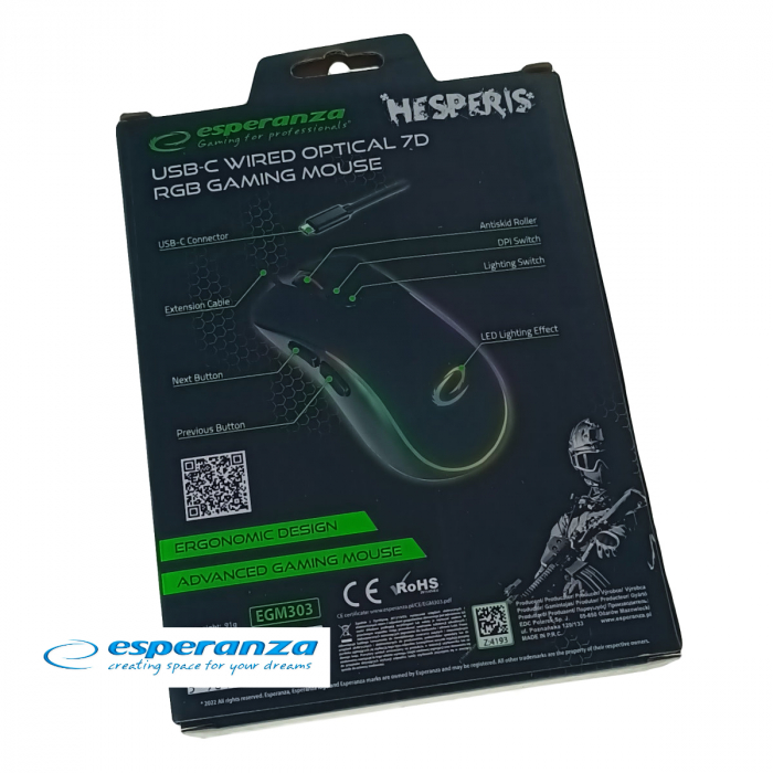 Mouse gaming USB-C, Esperanza Hesperis 94546, cablu 1.25m, 7D, RGB, 800-2400 DPI, negru [5]