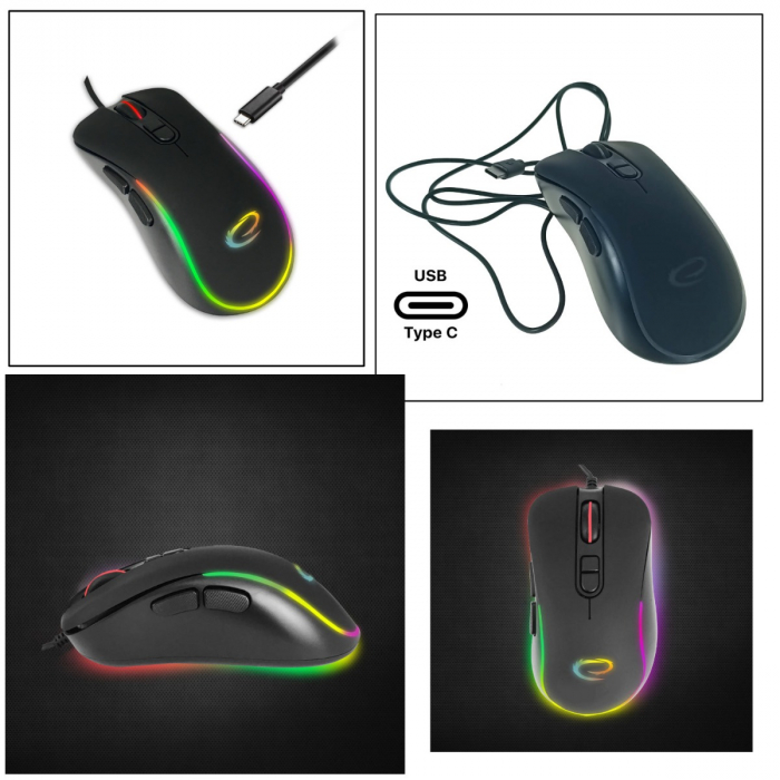 Mouse gaming USB-C, Esperanza Hesperis 94546, cablu 1.25m, 7D, RGB, 800-2400 DPI, negru [2]