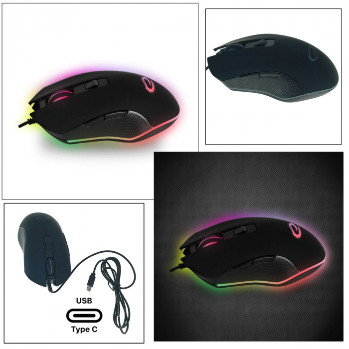 Mouse gaming USB-C, Esperanza Nemesis 94545, cablu 1.25m, 6D, RGB, 800-2400 DPI, negru [2]