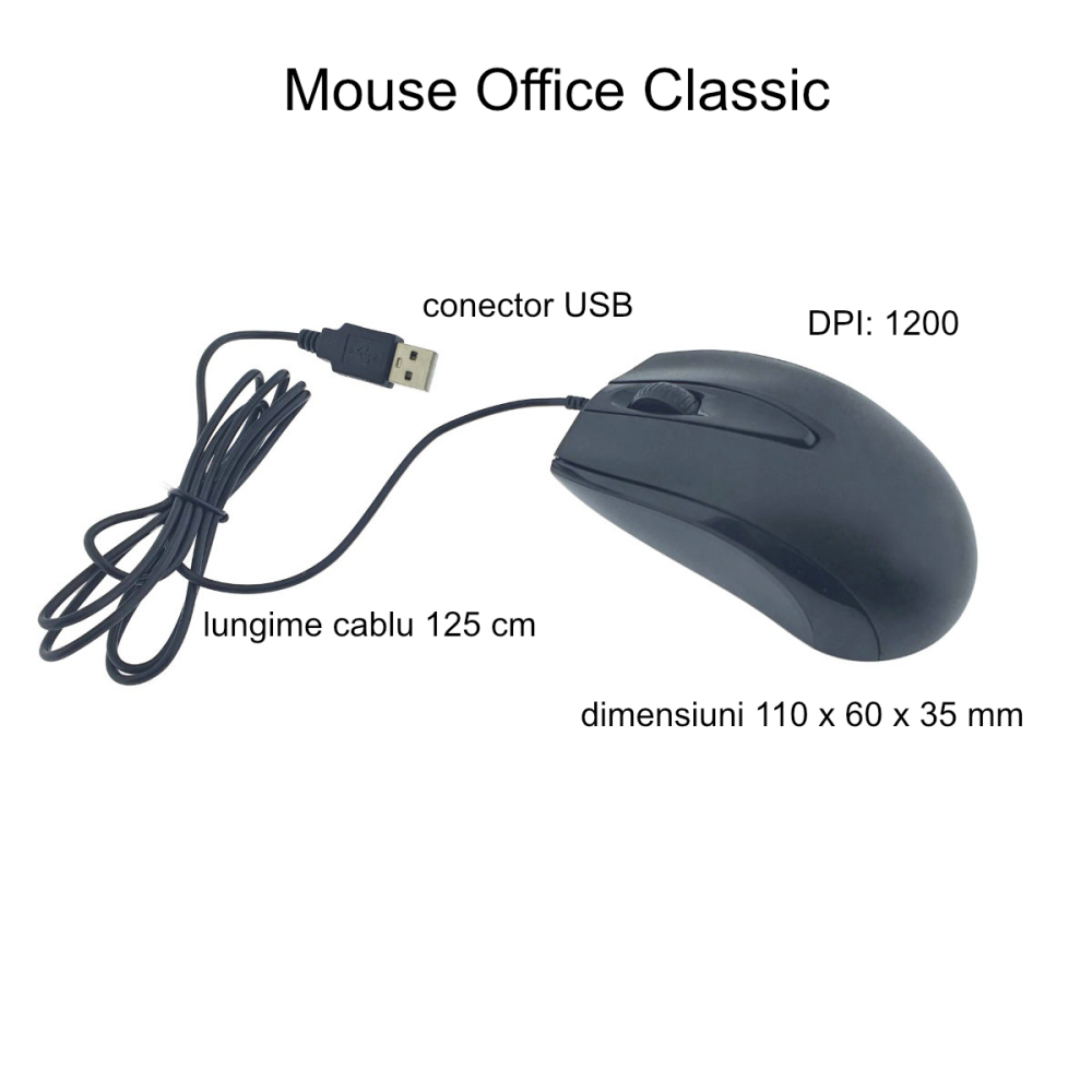 Mouse Office Classic , Cablu USB 125 cm, DPI 1200, Negru, dimensiuni 110 x 60 x 35 mm [6]