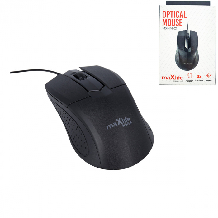 Mouse Optic cu fir, Maxlife Home Office MXHM-01, 1000 DPI, cablu 1.2m, dimensiuni 112 x 62 x 36 mm, negru [1]
