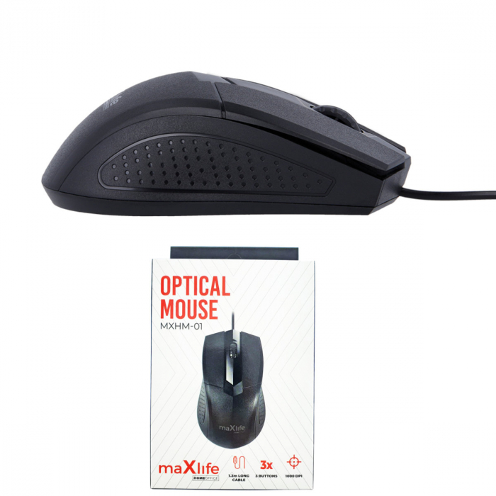 Mouse Optic cu fir, Maxlife Home Office MXHM-01, 1000 DPI, cablu 1.2m, dimensiuni 112 x 62 x 36 mm, negru [2]