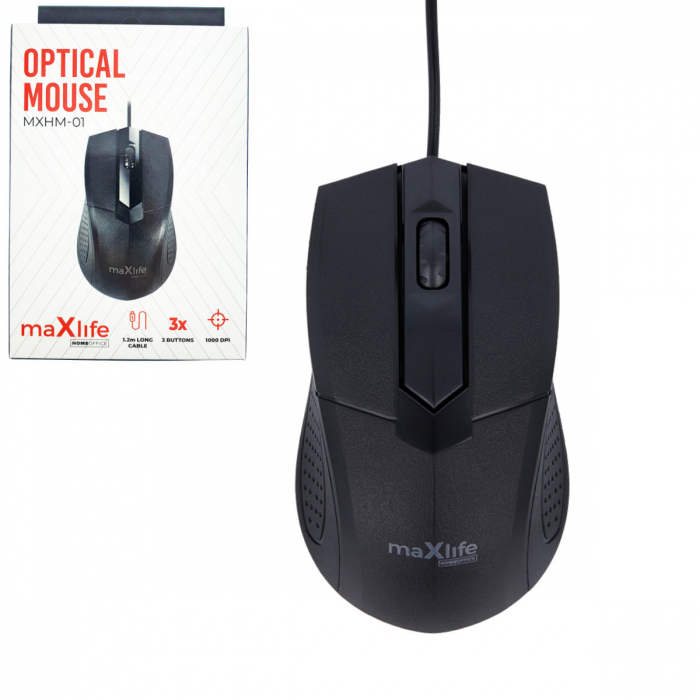 Mouse Optic cu fir, Maxlife Home Office MXHM-01, 1000 DPI, cablu 1.2m, dimensiuni 112 x 62 x 36 mm, negru [4]