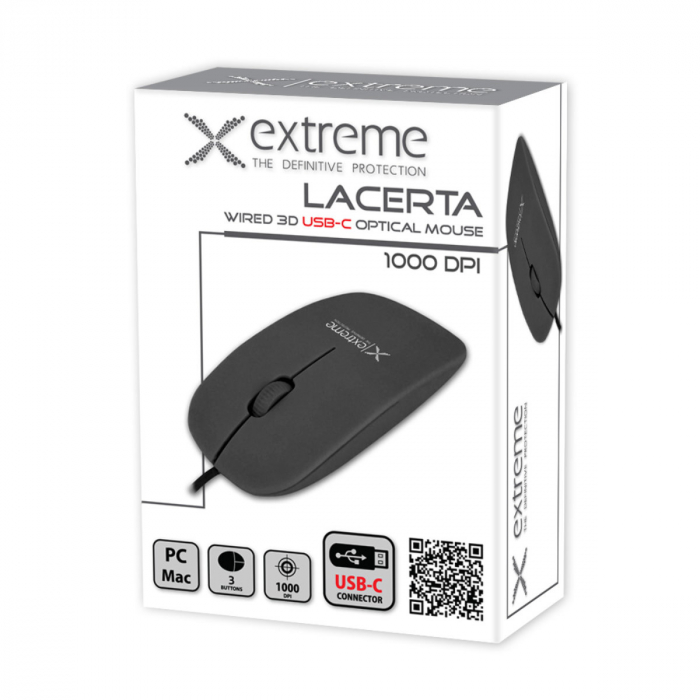 Mouse optic cu fir si conector USB-C, 3D, Extreme Lacerta 94670, 1000 DPI, 115 x 60 x 25 mm, cablu 120cm, negru [6]