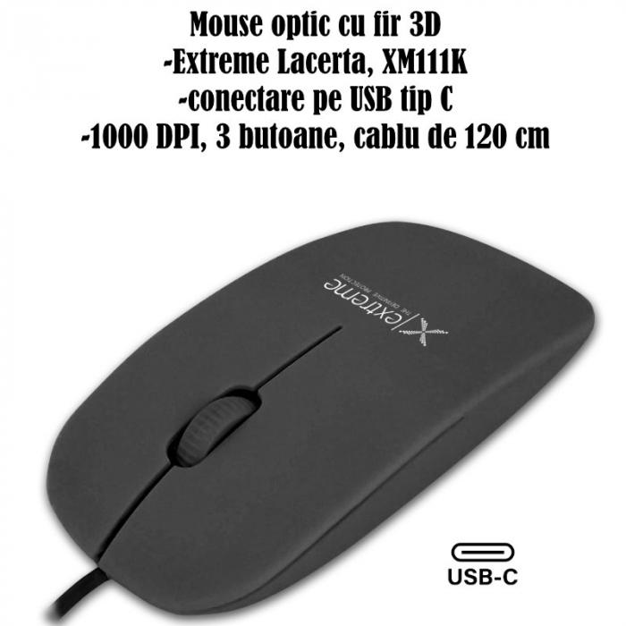 Mouse optic cu fir si conector USB-C, 3D, Extreme Lacerta 94670, 1000 DPI, 115 x 60 x 25 mm, cablu 120cm, negru [7]