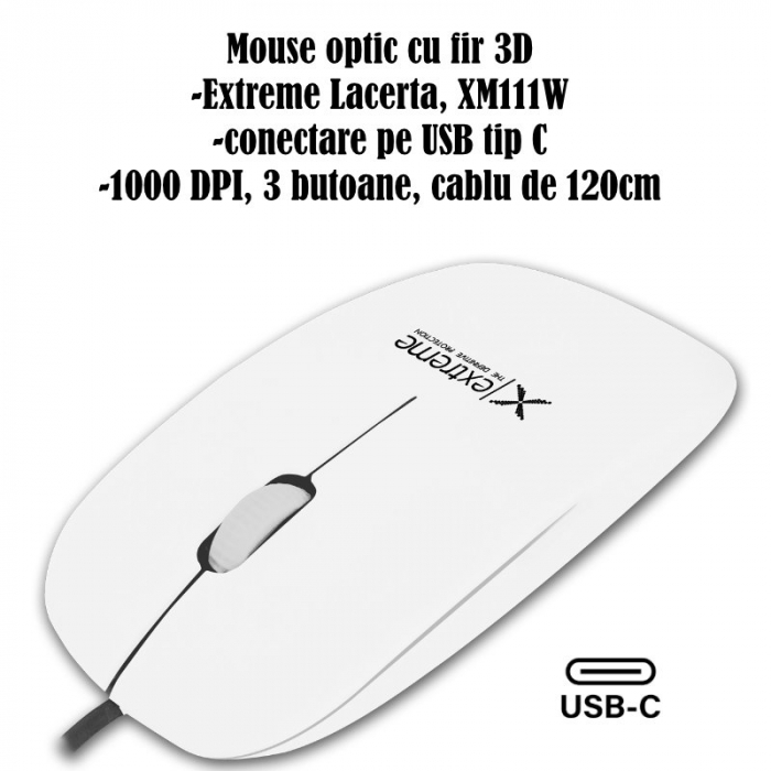 Mouse optic cu fir si conector USB-C, 3D, Extreme Lacerta 94674, 1000 DPI, 115 x 60 x 25 mm, cablu 120cm, alb [6]
