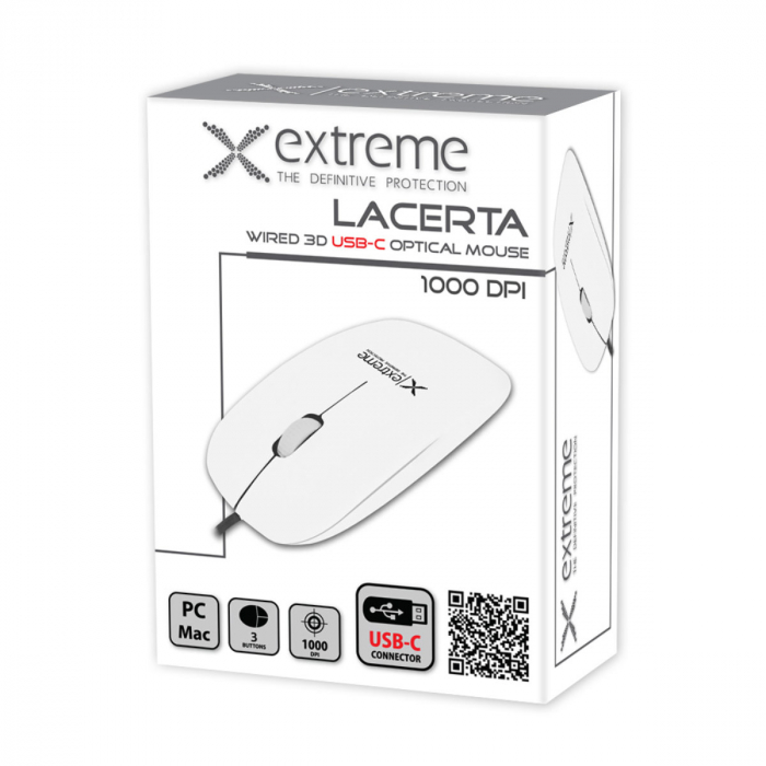 Mouse optic cu fir si conector USB-C, 3D, Extreme Lacerta 94674, 1000 DPI, 115 x 60 x 25 mm, cablu 120cm, alb [5]