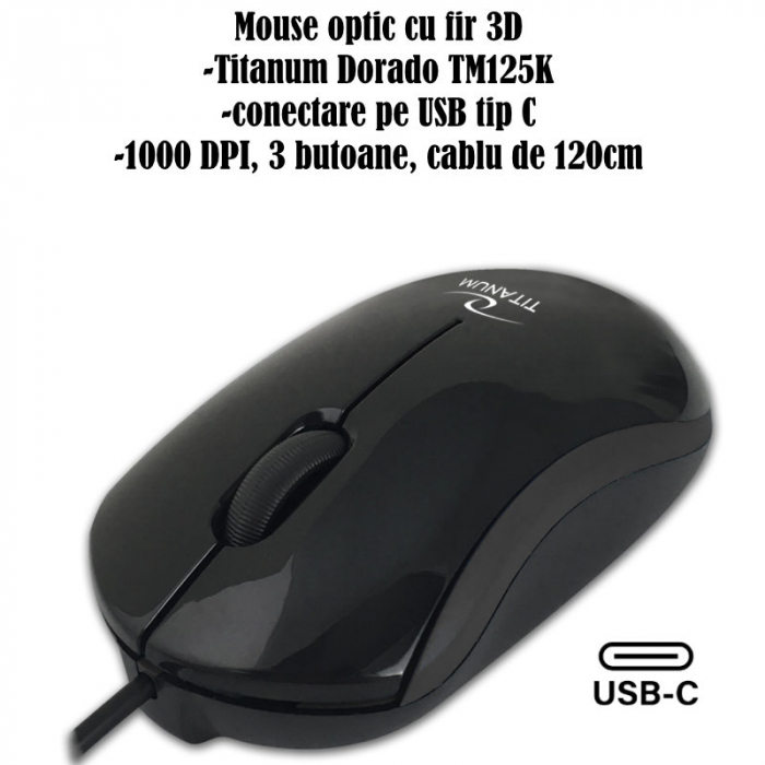 Mouse optic cu fir si conector USB-C, 3D, Titanum 94670, 1000 DPI, 100 x 55 x 30 mm, cablu 120cm, negru [7]
