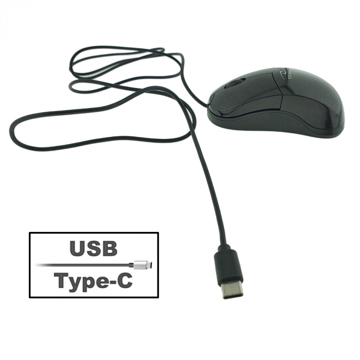 Mouse optic cu fir si conector USB-C, Titanum 94543, 1000 DPI, 3 butoane, 100 x 55 x 35 mm, cablu 120cm, negru [2]