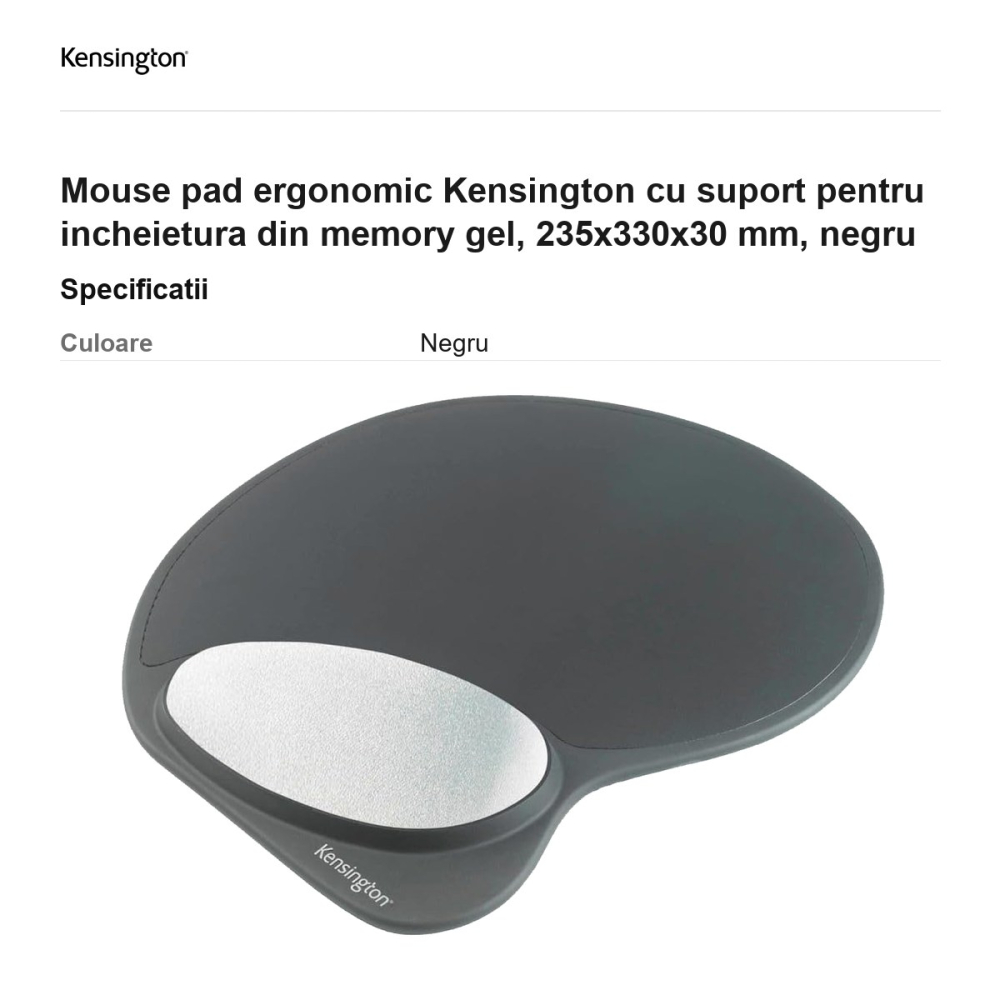 Mouse pad ergonomic Kensington cu suport pentru incheietura din memory gel, 235x330x30 mm, negru [3]