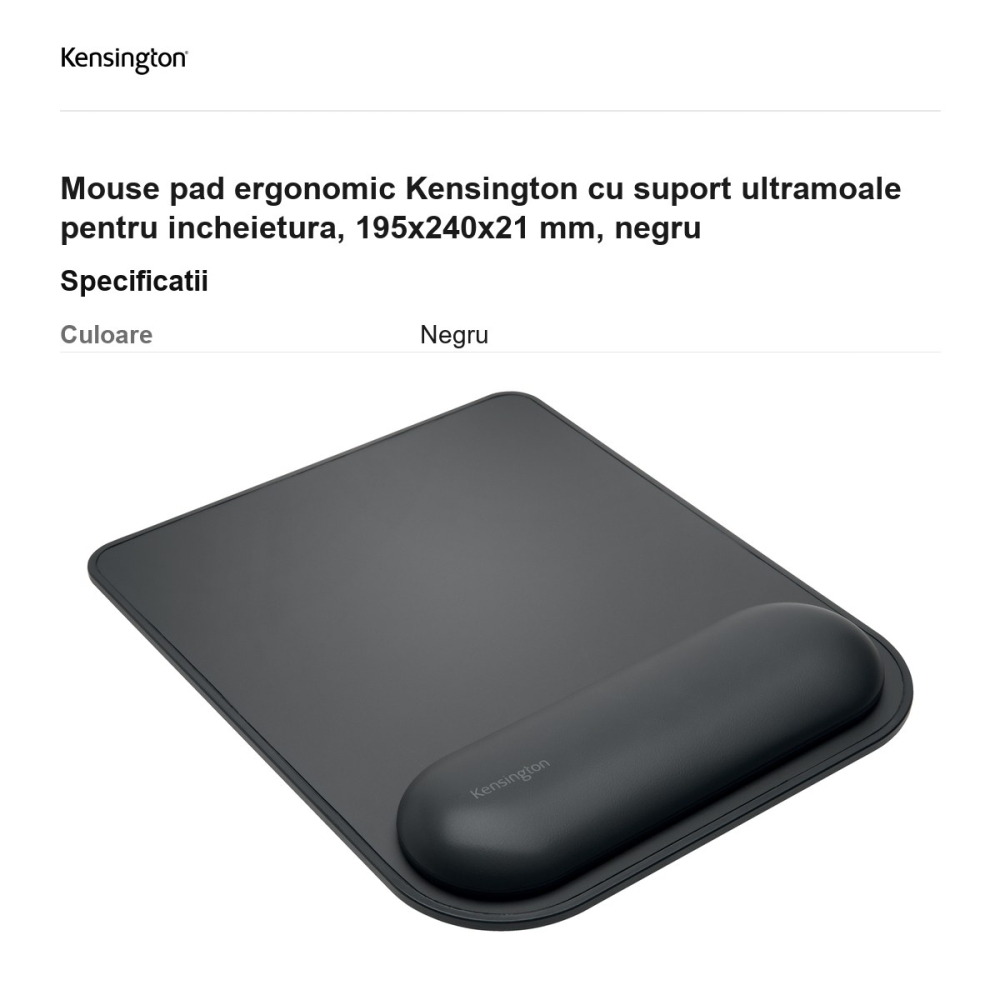 Mouse pad ergonomic Kensington cu suport ultramoale pentru incheietura, 195x240x21 mm, negru [3]