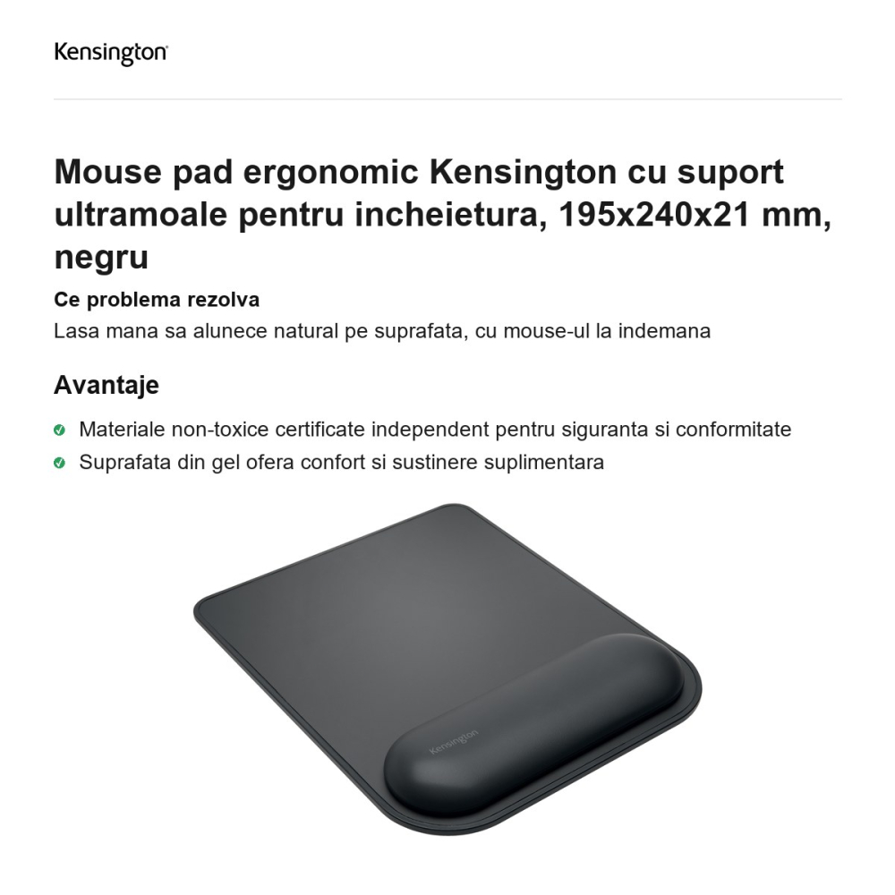 Mouse pad ergonomic Kensington cu suport ultramoale pentru incheietura, 195x240x21 mm, negru [2]