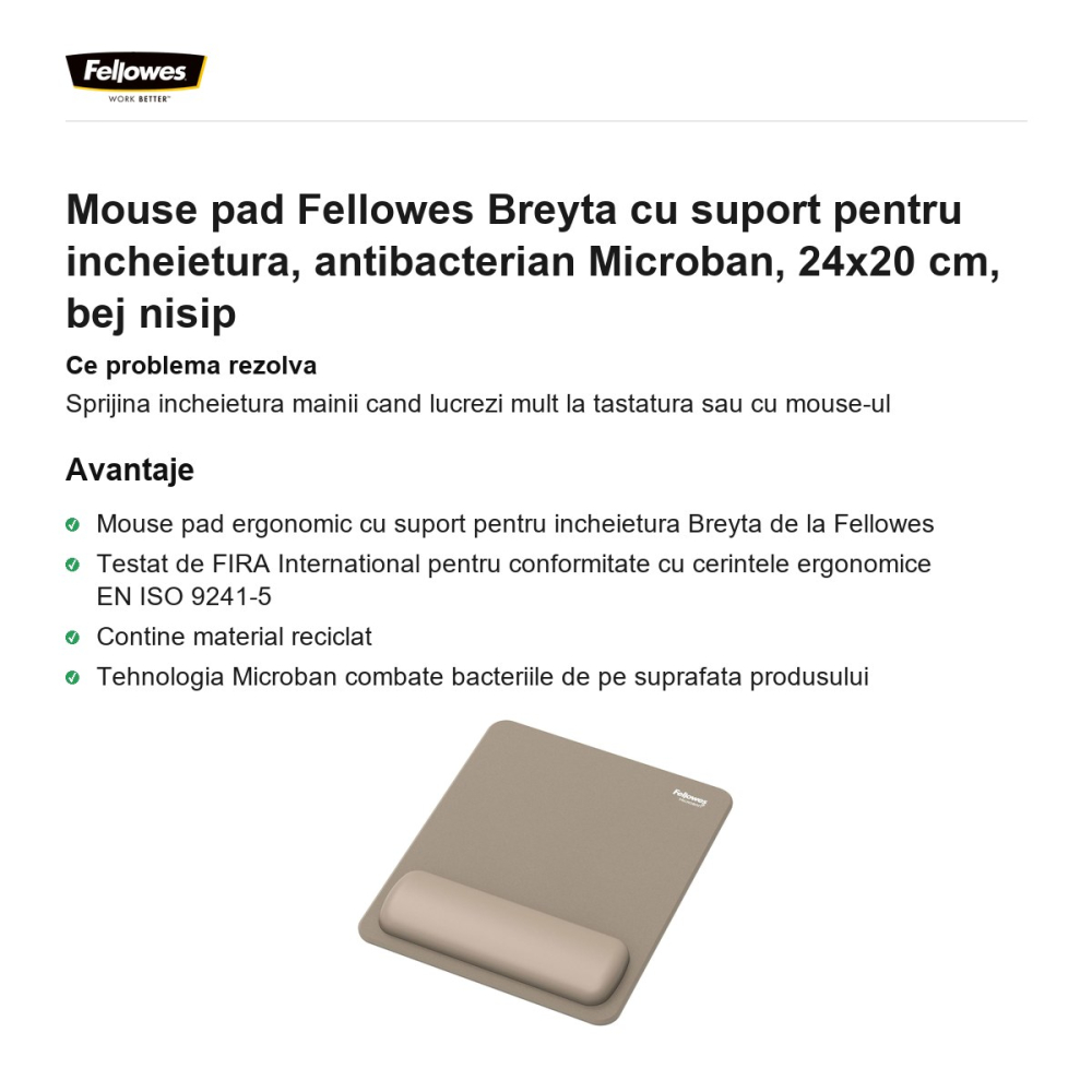 Mouse pad Fellowes Breyta cu suport pentru incheietura, antibacterian Microban, 24x20 cm, bej nisip [2]