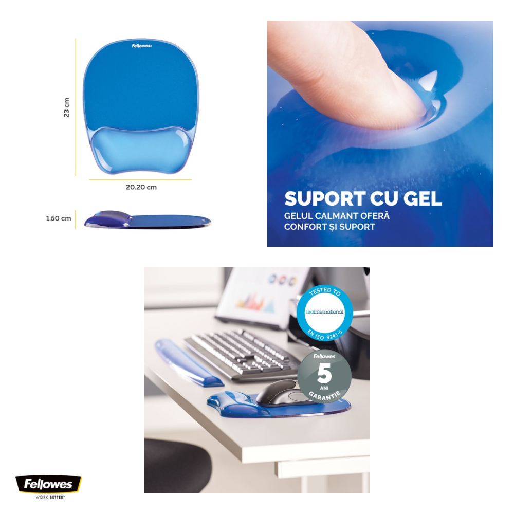 Mouse pad Fellowes Crystal Gel cu suport pentru incheietura, 1.5 x 20.2 x 23 cm, albastru [4]