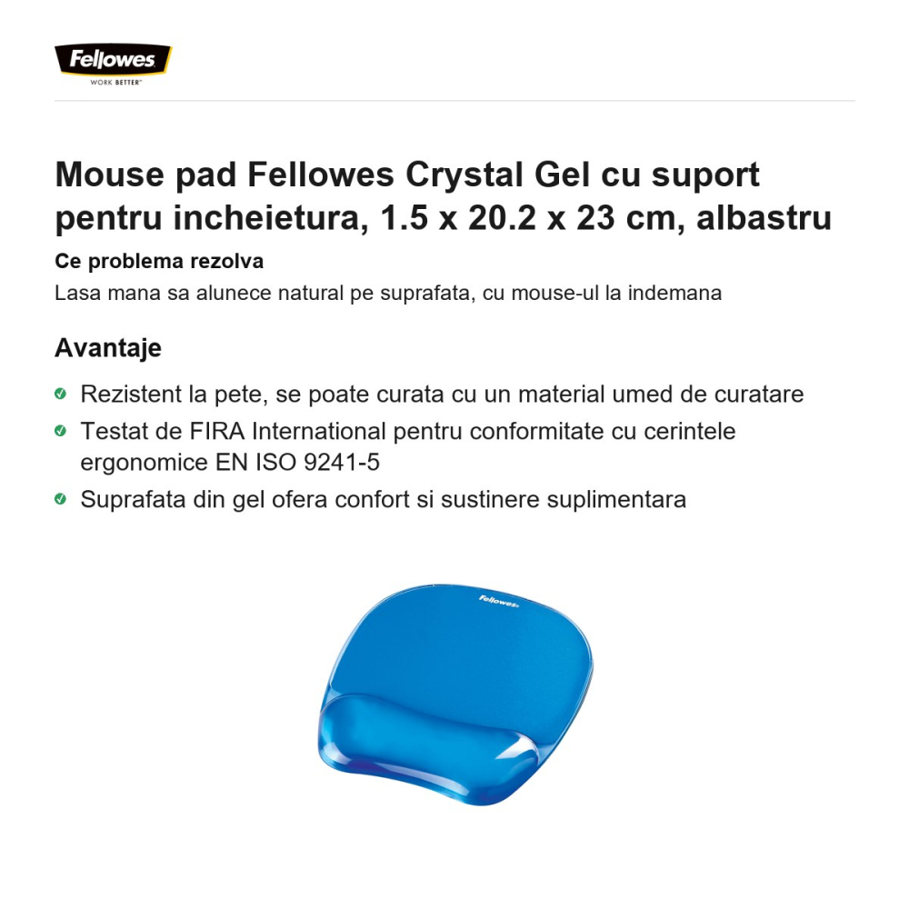 Mouse pad Fellowes Crystal Gel cu suport pentru incheietura, 1.5 x 20.2 x 23 cm, albastru [2]