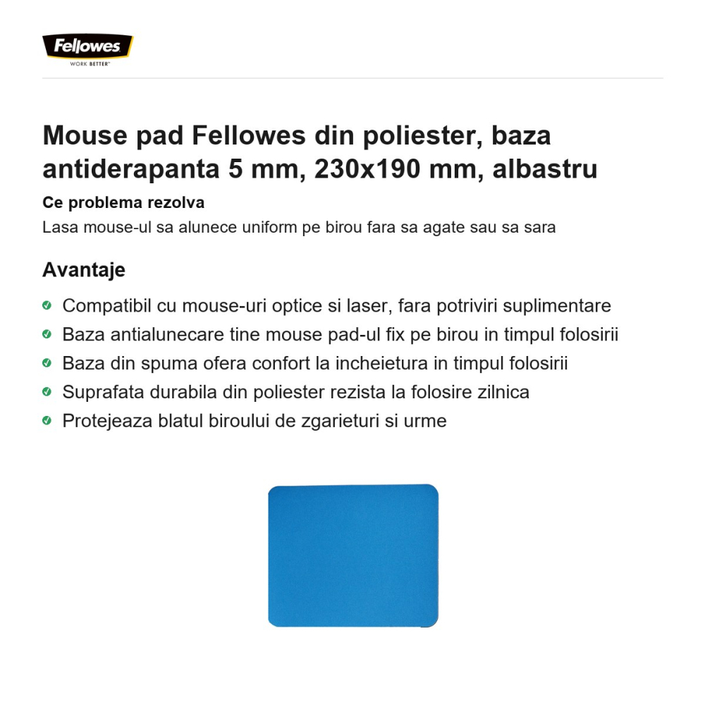 Mouse pad Fellowes din poliester, baza antiderapanta 5 mm, 230x190 mm, albastru [2]