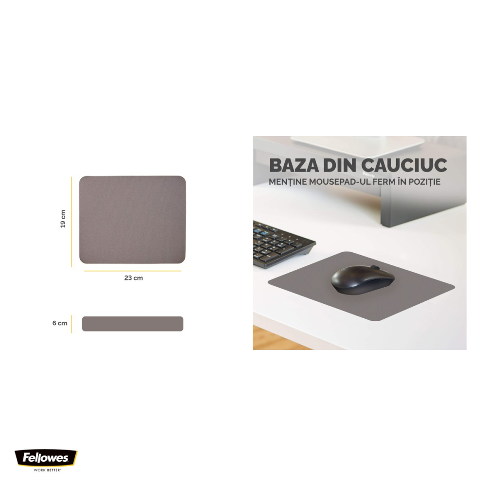 Mouse pad Fellowes din poliester, baza antiderapanta 5 mm, 230x190 mm, gri [4]