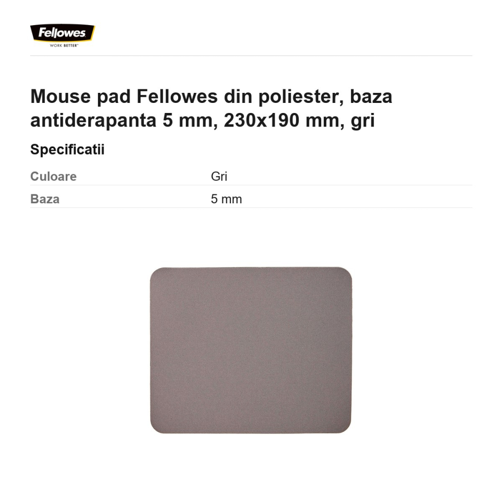 Mouse pad Fellowes din poliester, baza antiderapanta 5 mm, 230x190 mm, gri [3]