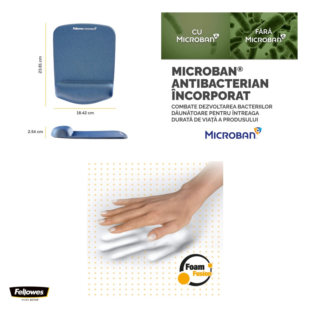 Mouse pad Fellowes PlushTouch cu suport pentru incheietura, antibacterian Microban, 18.42x23.81x2.54 cm, albastru [4]