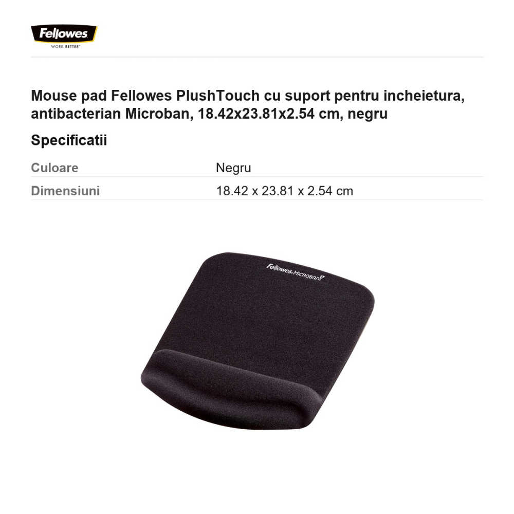 Mouse pad Fellowes PlushTouch cu suport pentru incheietura, antibacterian Microban, 18.42x23.81x2.54 cm, negru [3]