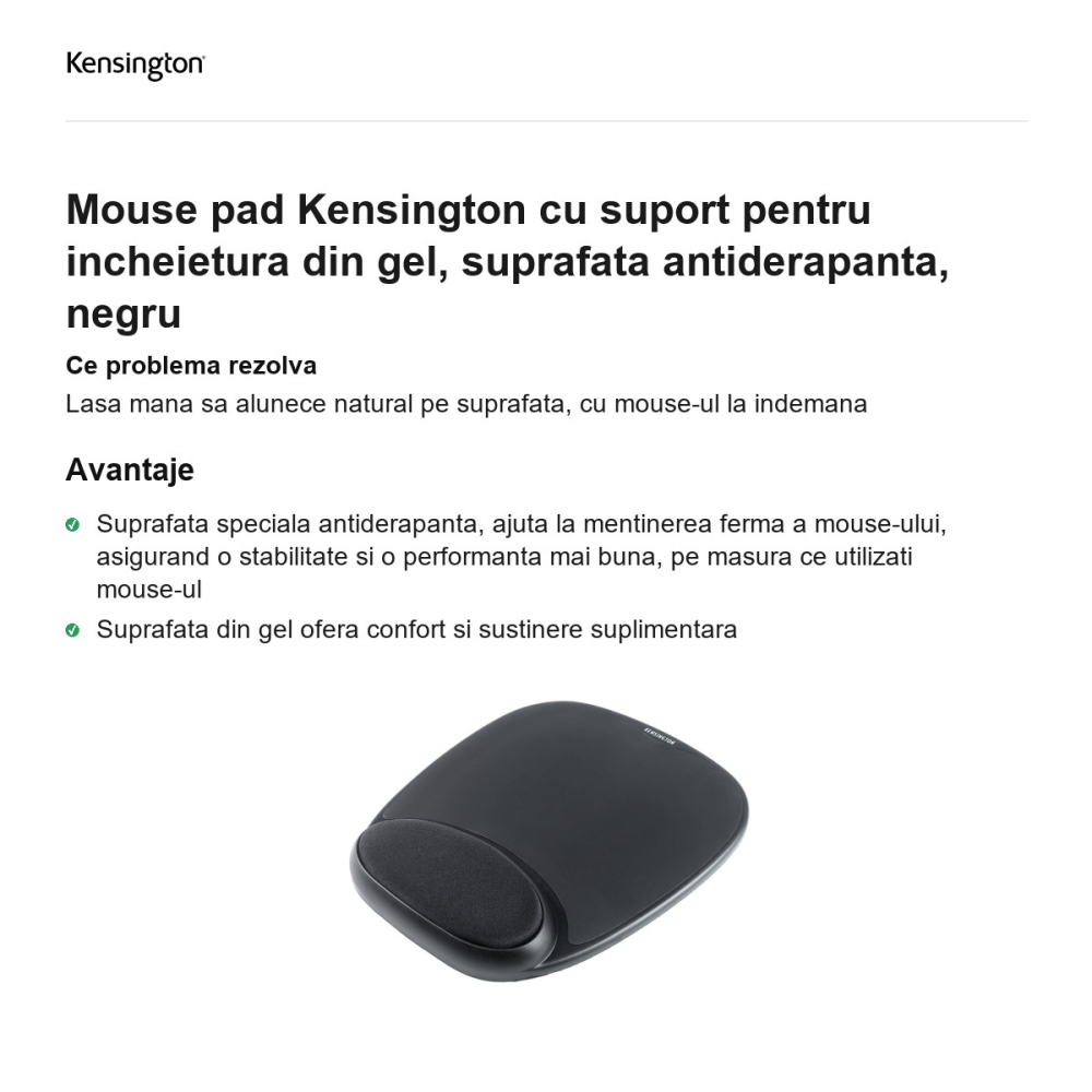 Mouse pad Kensington cu suport pentru incheietura din gel, suprafata antiderapanta, negru [2]