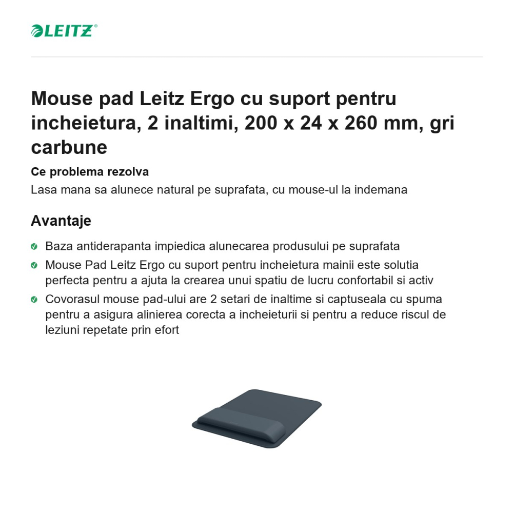 Mouse pad Leitz Ergo cu suport pentru incheietura, 2 inaltimi, 200 x 24 x 260 mm, gri carbune [2]