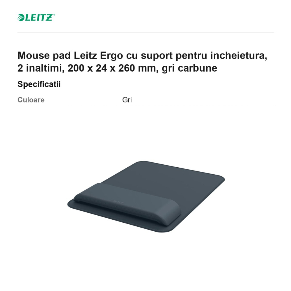 Mouse pad Leitz Ergo cu suport pentru incheietura, 2 inaltimi, 200 x 24 x 260 mm, gri carbune [3]