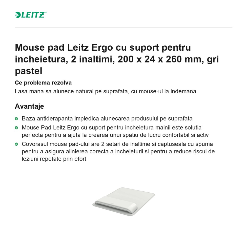 Mouse pad Leitz Ergo cu suport pentru incheietura, 2 inaltimi, 200 x 24 x 260 mm, gri pastel [2]