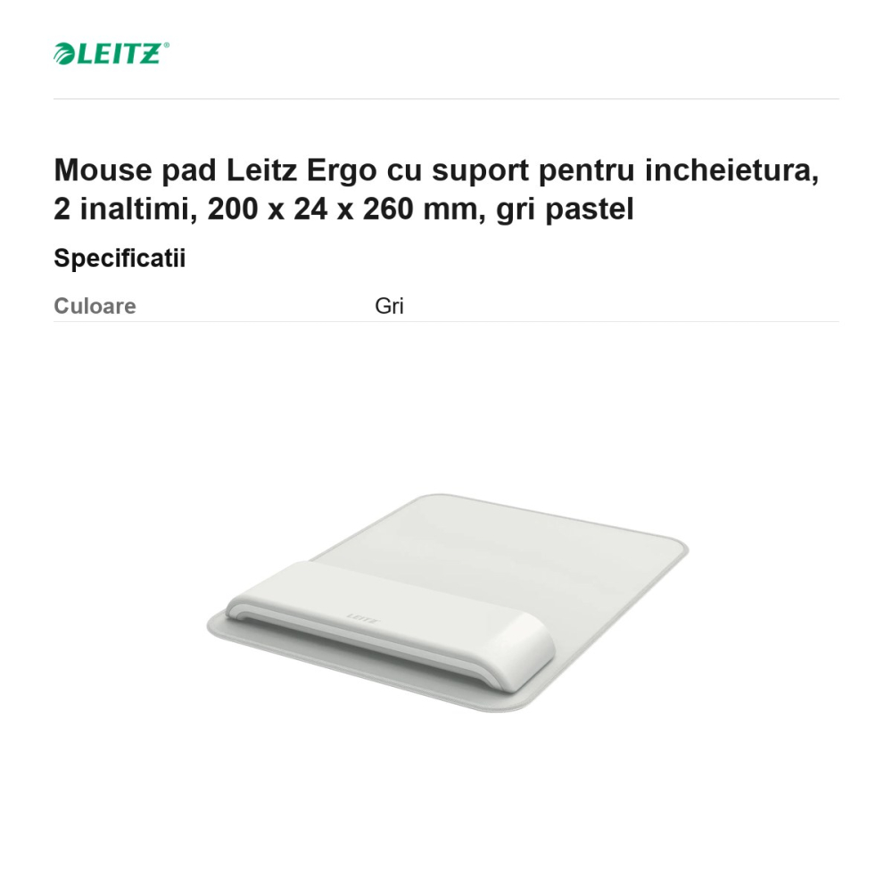 Mouse pad Leitz Ergo cu suport pentru incheietura, 2 inaltimi, 200 x 24 x 260 mm, gri pastel [3]