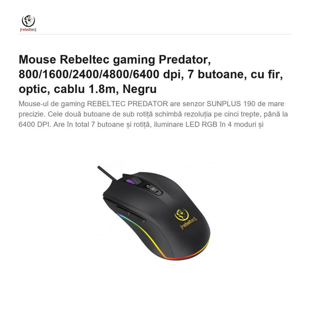 Mouse Rebeltec gaming Predator, 800/1600/2400/4800/6400 dpi, 7 butoane, cu fir, optic, cablu 1.8m, Negru [2]