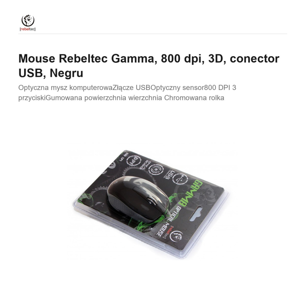 Mouse Rebeltec Gamma, 800 dpi, 3D, conector USB, Negru [2]