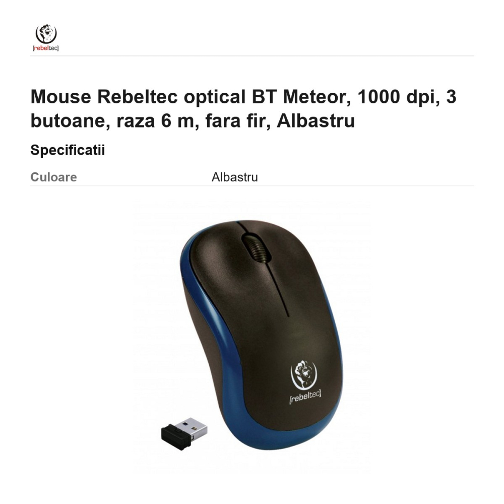Mouse Rebeltec optical BT Meteor, 1000 dpi, 3 butoane, raza 6 m, fara fir, Albastru [3]