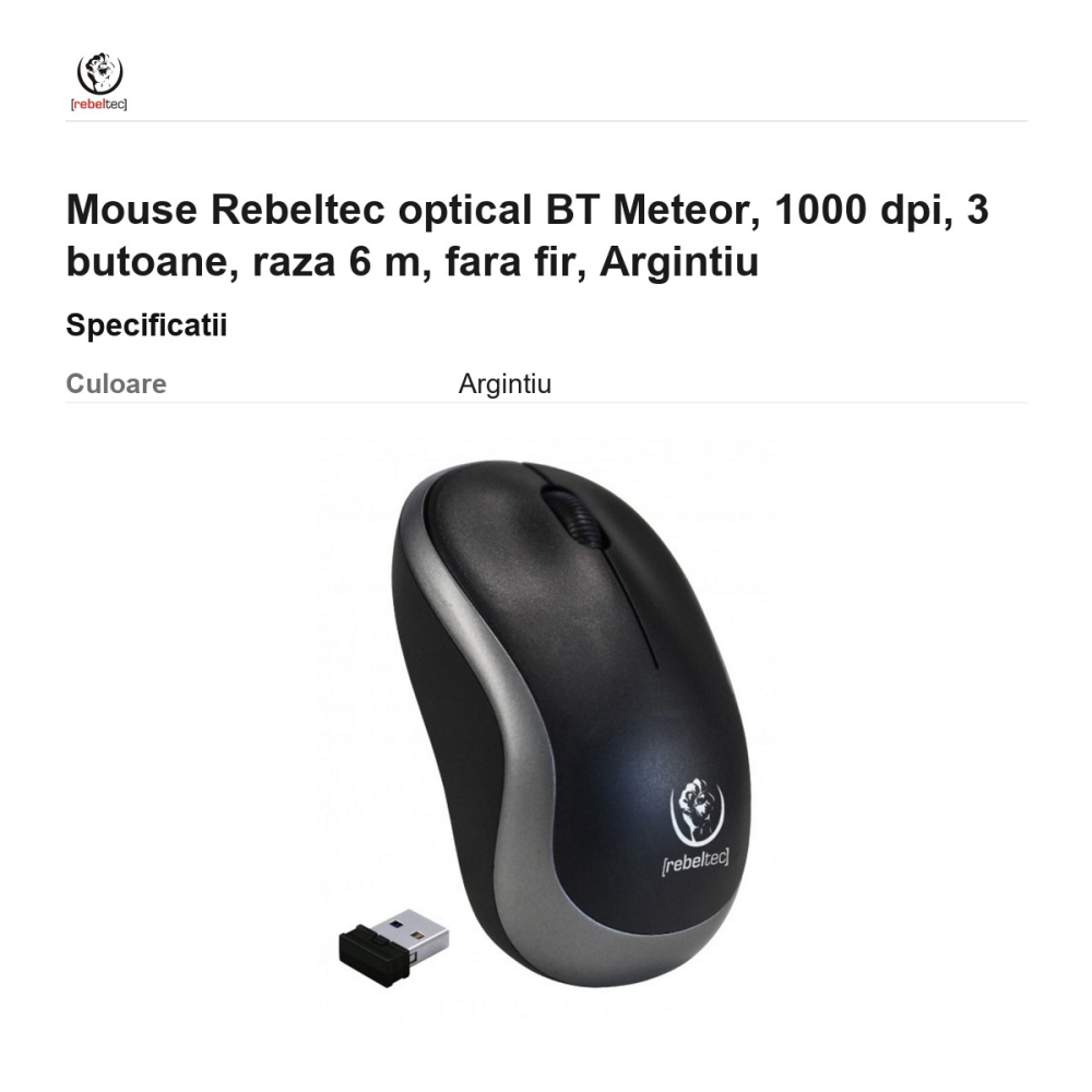 Mouse Rebeltec optical BT Meteor, 1000 dpi, 3 butoane, raza 6 m, fara fir, Argintiu [3]
