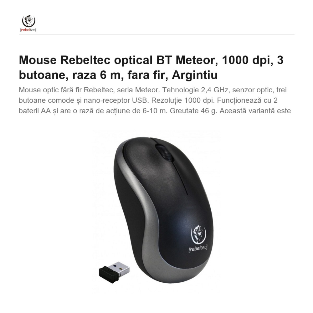Mouse Rebeltec optical BT Meteor, 1000 dpi, 3 butoane, raza 6 m, fara fir, Argintiu [2]