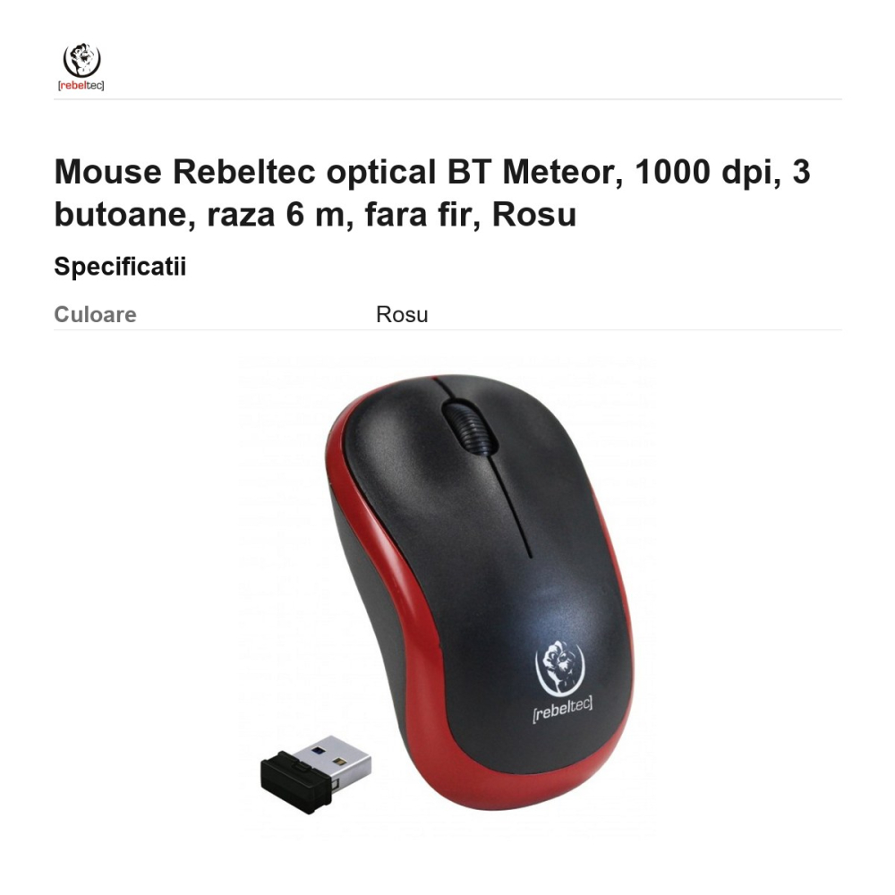 Mouse Rebeltec optical BT Meteor, 1000 dpi, 3 butoane, raza 6 m, fara fir, Rosu [3]