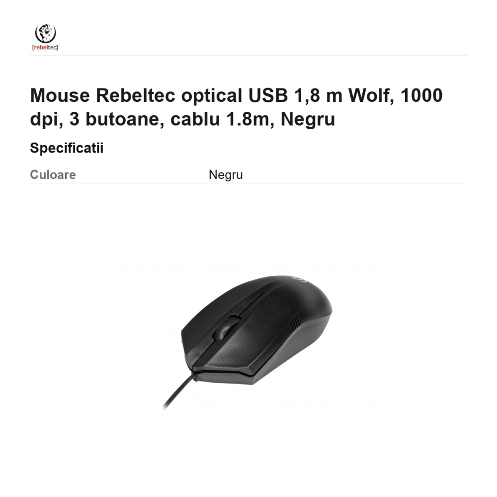 Mouse Rebeltec optical USB 1,8 m Wolf, 1000 dpi, 3 butoane, cablu 1.8m, Negru [3]