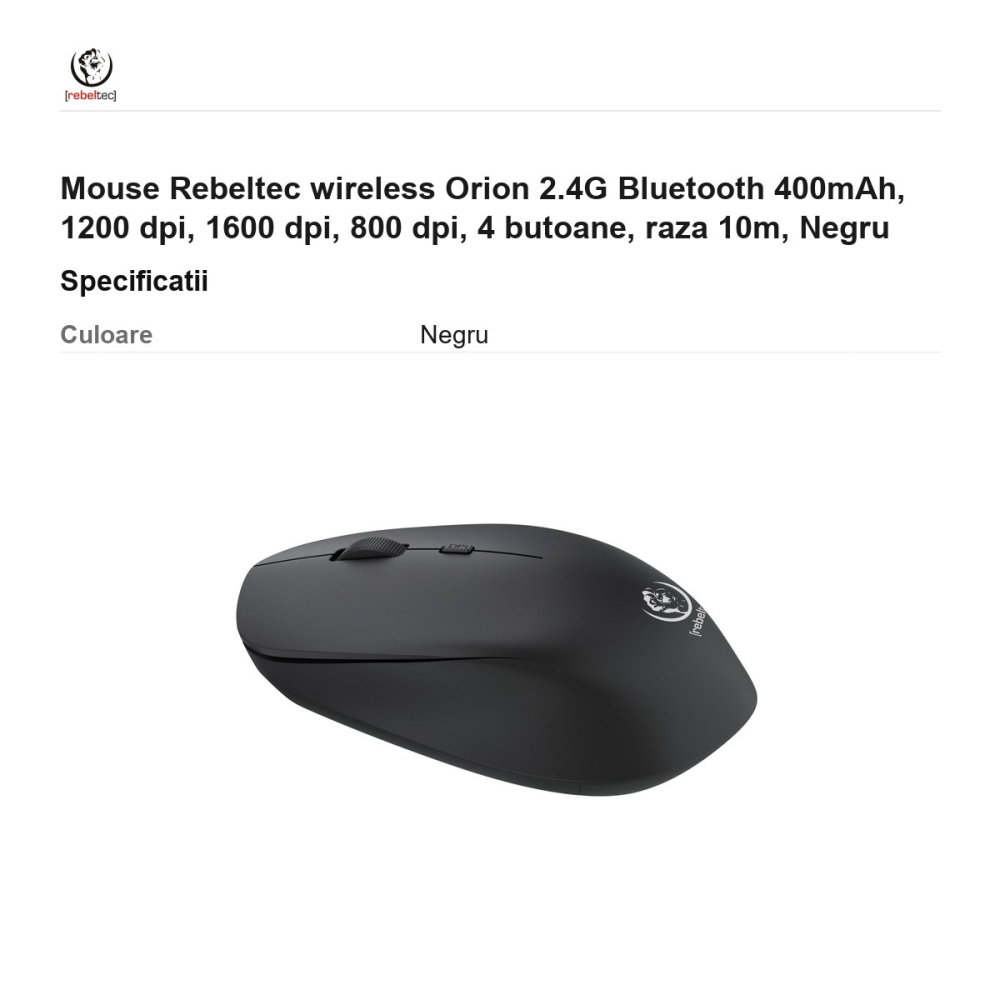Mouse Rebeltec wireless Orion 2.4G Bluetooth 400mAh, 1200 dpi, 1600 dpi, 800 dpi, 4 butoane, raza 10m, Negru [3]