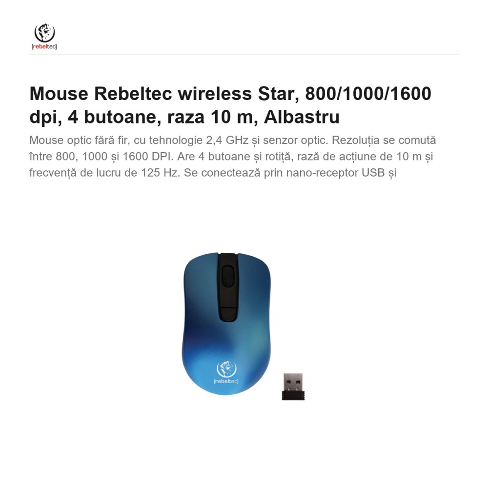 Mouse Rebeltec wireless Star, 800/1000/1600 dpi, 4 butoane, raza 10 m, Albastru [2]