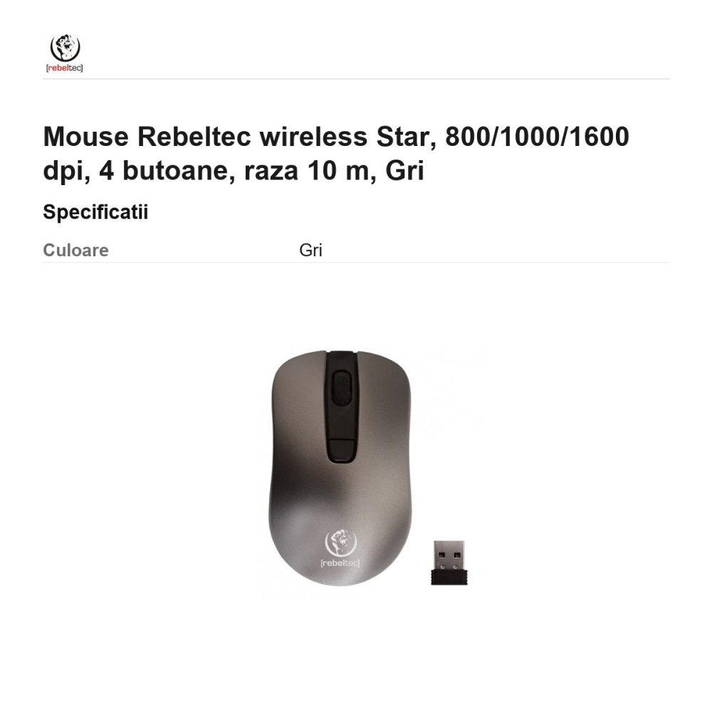 Mouse Rebeltec wireless Star, 800/1000/1600 dpi, 4 butoane, raza 10 m, Gri [3]